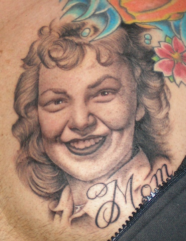 Ron Meyers - closeup of Memorial tattoo for clients Mom