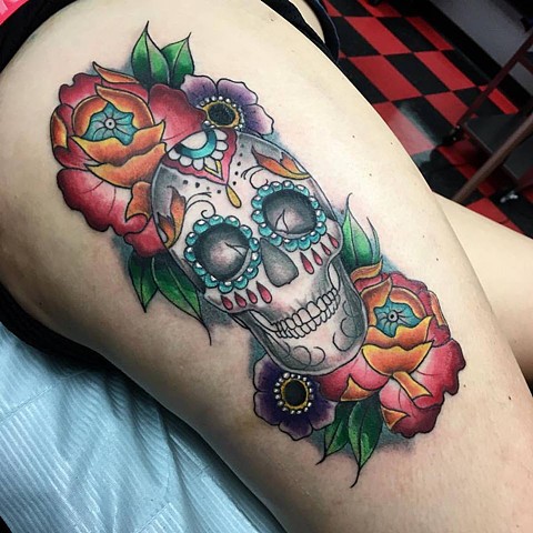 Mackenzie Meyers -  Neotraditional tattoo of Sugar Skull and Flowers  