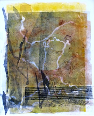 yellows blues browns multicolored abstract monotype original print