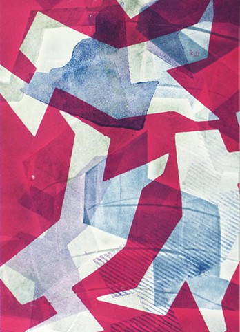 red blues abstracted figures vertical monotype original print