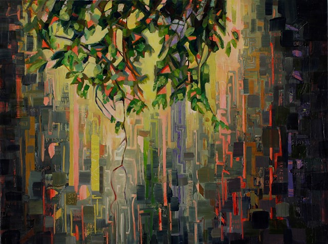 Oil painting by Kellie Lehr.  Nature, digital, numbers, light, layers.  Contemporary art, fine art, modern art.