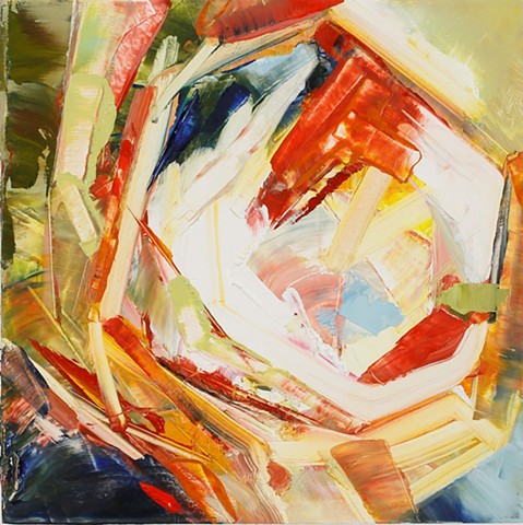 Abstract oil painting by Kellie Lehr.  Red, yellow, blue, vortex.  Modern art, contemporary art, fine art.
