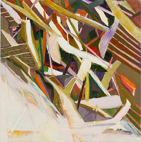 Abstract oil painting by Kellie Lehr.  White, orange, green, falling, compression.  Contemporary art, modern art, fine art.