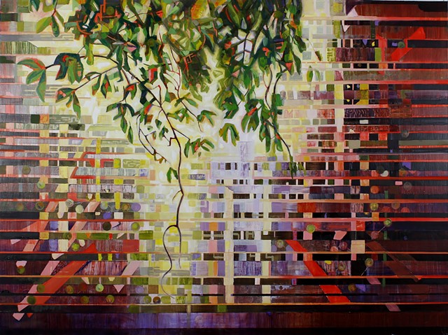 Oil painting by Kellie Lehr.  Nature, tree branch, digital, internet, on line, red, green.  Contemporary art, fine art, modern art.