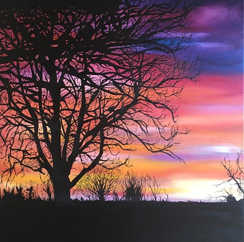 Tree silhouette oil painting Herefordshire sunset