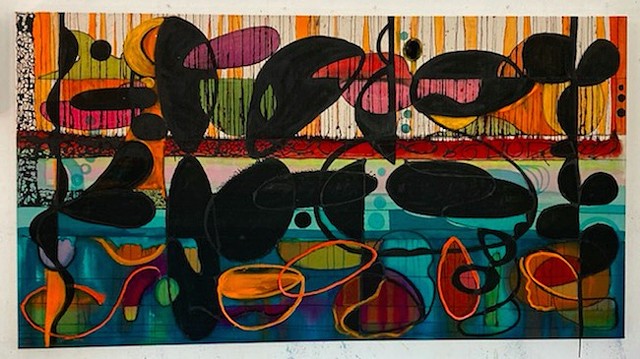 "CATCH AND RELEASE" (40"x74") India Ink, Dyes, Oil Paint, Acrylic Ink and Paint on Raw Canvas