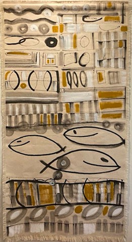 "LOVES AND FISHES" (52"x 28") A hanging with fringed sides. Acrylic an India Ink on Raw Canvas