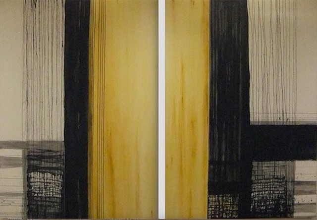 "THROUGH THE SCREEN DOOR 1 & 2" (each 44" x 66") India Ink, Acrylic on Raw Canvas