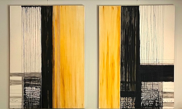 "THROUGH THE SCREEN DOOR 1 & 2" (each 44" x 66") India Ink, Acrylic on Raw Canvas