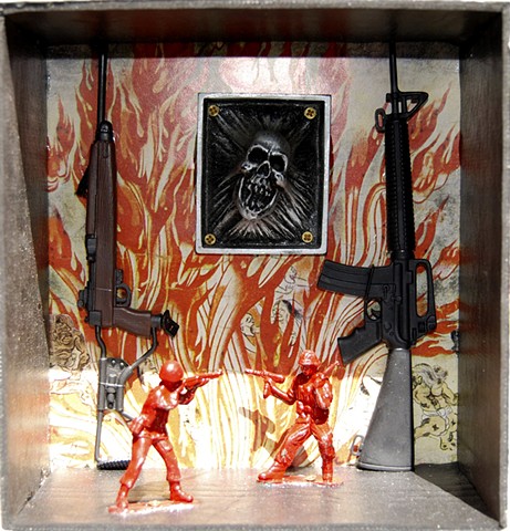 Artist Jigoku Zoshi print background, guns, army men, screaming skull