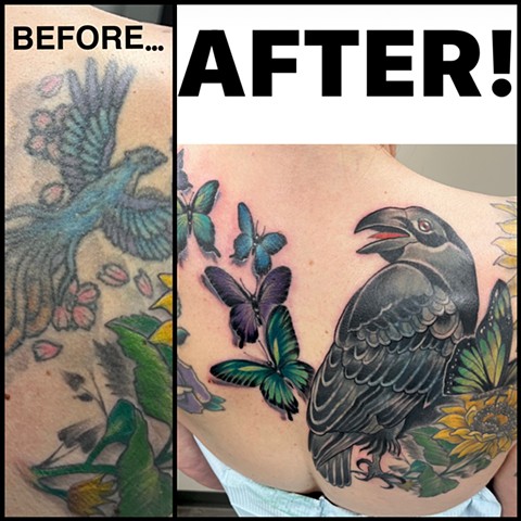 Cover-up of an unwanted old pheonix wth a stylized Raven and Butterflies