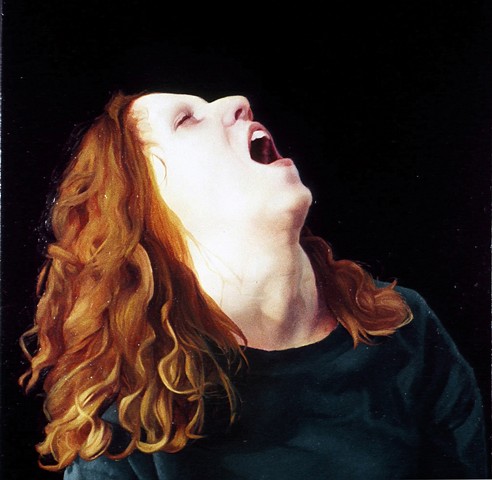 oil painting representational realistic portrait self-portrait dark evocative female women hext redhead red hair screaming howling flemish northern renaissance