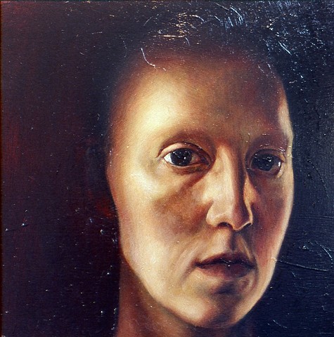 oil painting representational realistic portrait self-portrait dark ambiguous evocative nude female women hext bald heads