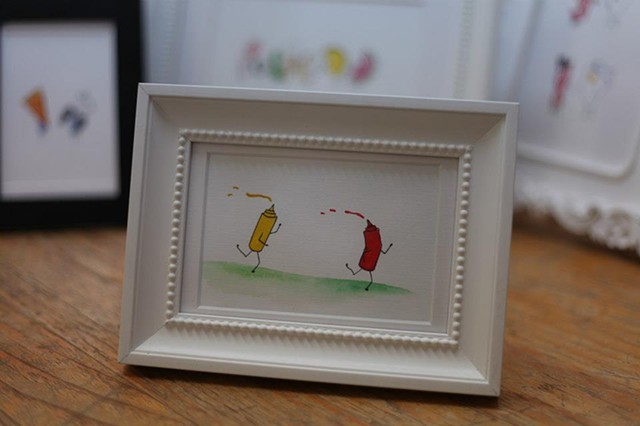 Framed watercolour of food people