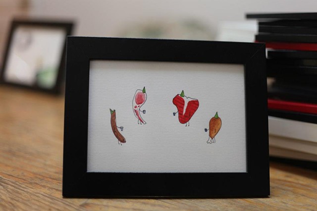 Framed watercolour of food people