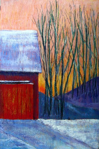 pastel landscape, winter barn, snow, sunset