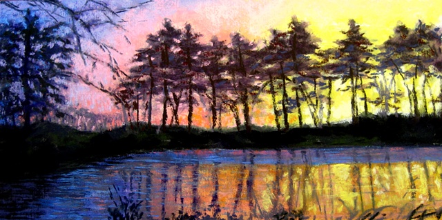 pastel landscape, sunset, trees silhouette, pond reflections