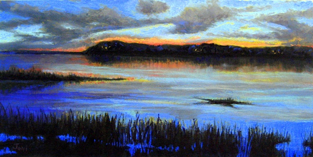 pastel painting of twilight on blackfish creek in wellfleet on Cape Cod