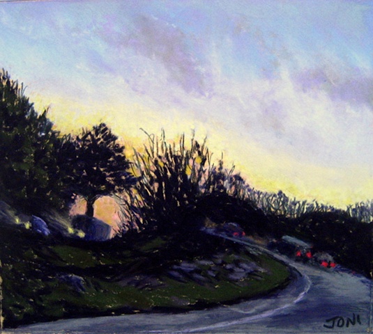 pastel painting, driving through Connecticut, sunset