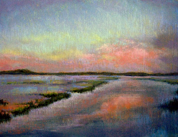 pastel landscape, twilight sky blue pink, tidal creek