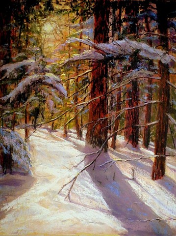 pastel landscape, trees, winter, snow, path in the woods