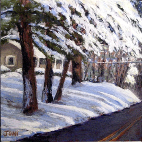 pastel painting, snow-covered landscape, winter road, snowy trees 