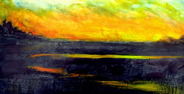 encaustic landscape, sunset, twilight scene