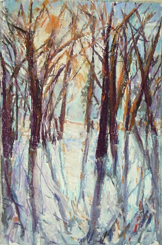 pastel landscape, trees, winter, snow, path in the woods