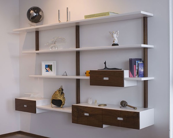 custom shelving unit with four drawers