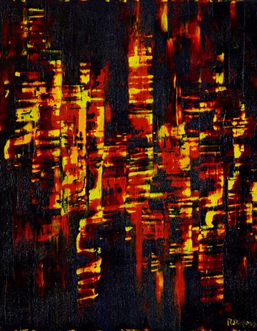 abstract painting by Robert John Glass, fire, bamboo, trees