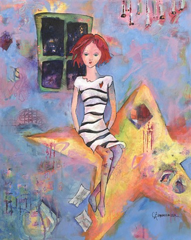 acrylic painting, contemporary art, star, wish, girl sitting on star, rainbow connection