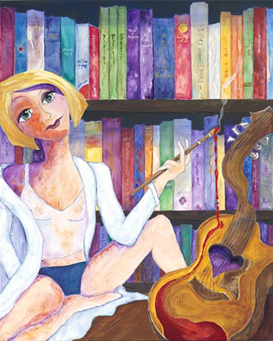 Acrylic painting, modern art, literature, music, guitar, nude, female figure, artist with paintbrush, girl wearing robe