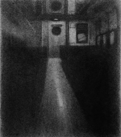 Charcoal drawing of a train interior