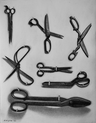 Trompe 'l oeil charcoal drawing of Scissors