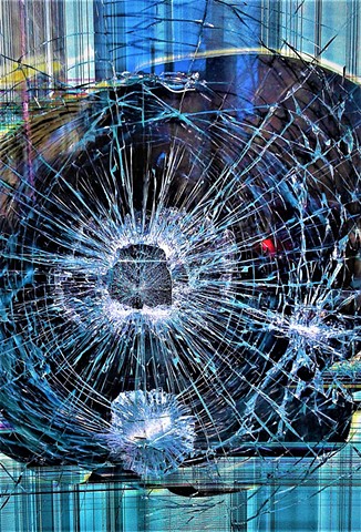 Color photo' smashed window, cracked glass, smart phone photo