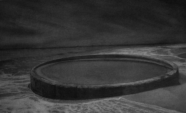 Charcoal drawing of ocean nightscape
