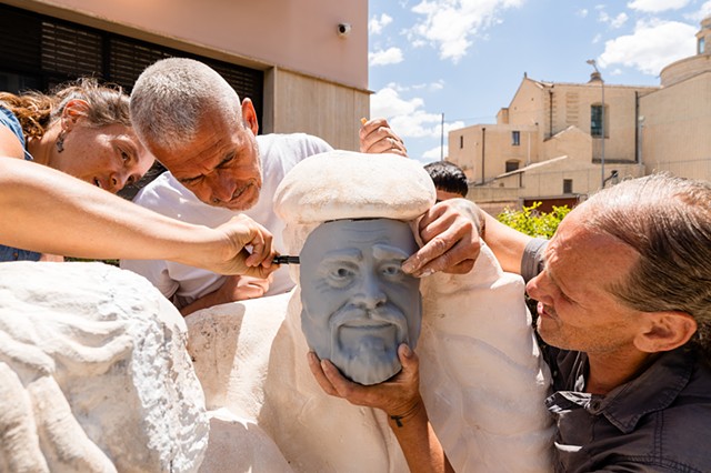 Megan Euker with Giuseppe Colonna and Pino Carone - Berlusconi and Pavarotti sculpture in progress, Altamura, Italy