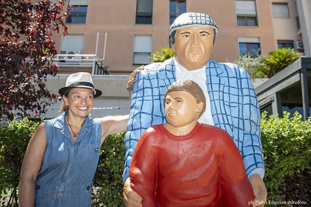 Megan Euker with Man and Child Sculpture, Altamura, Italy