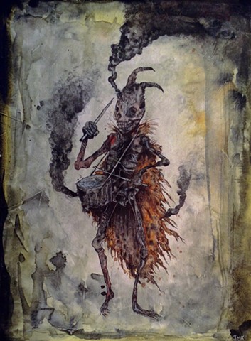 artwork depicting demon, drummer, skull, undead, damnation, hell, monster