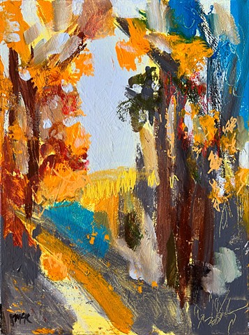 abstract landscape painting depicting fall leaves on a winding road