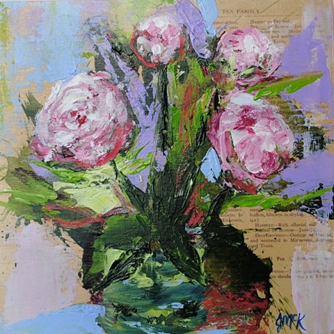 abstract floral painting with collage of peony flowers