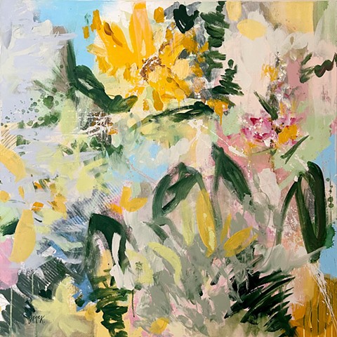 abstract floral painting with blues and yellows