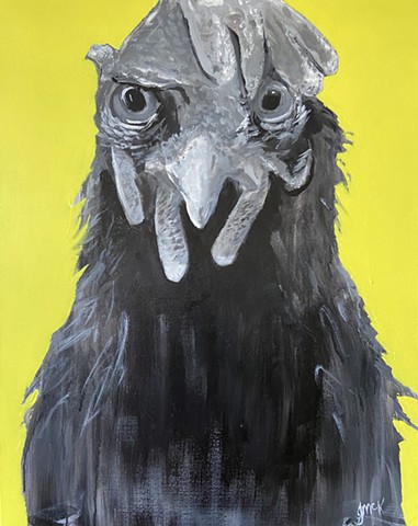 Black and White painted portrait of a hen on a bright yellow background