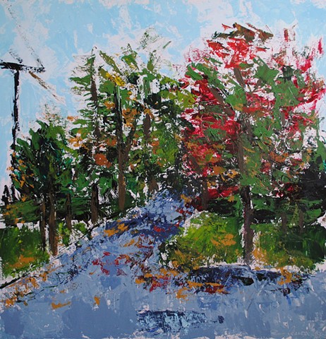 Acrylic landscape painting on panel with painting knife