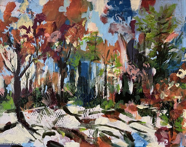 abstract landscape painting of fall leaves and shadows