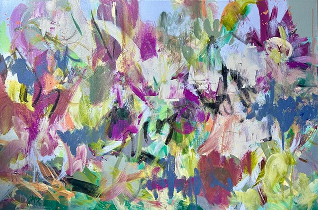 abstract floral painting with vibrant colors and brush marks