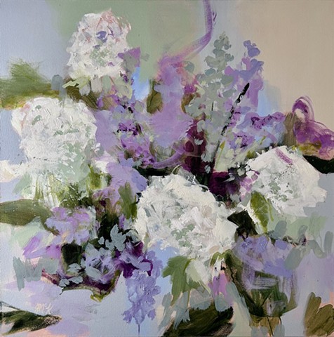 abstract floral painting of hydrangea, purples, greens