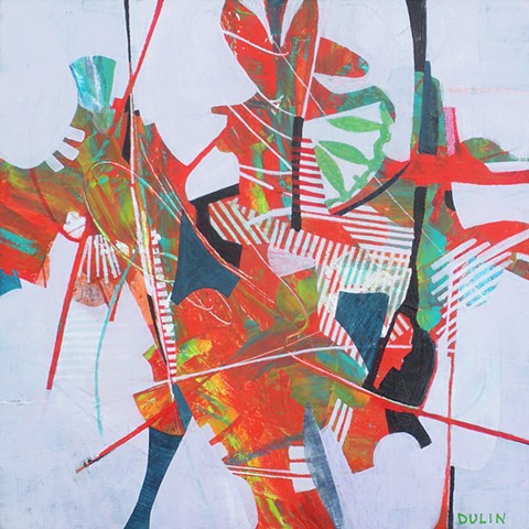 abstract figure in highly patterned red, green, blue and orange on light gray