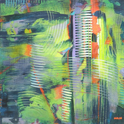 Abstract painting in acrylics in bright lime green and red-orange on purply gray and dark blue with lines of texture