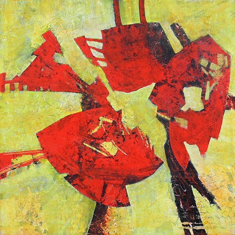 abstract in red, black, orange and lime green on yellow-green